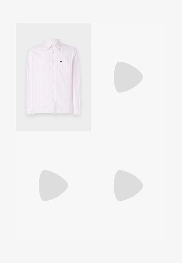 Lacoste Camisa - white/flamingo; Polo de manga larga gris claro, hecho de una tela suave, con un cuello blanco y una botonadura de cuatro botones. Textura suave, diseño casual.; Chaqueta de pana marrón con parches contrastantes en marrón oscuro, camiseta blanca debajo, pantalones de mezclilla azul holgados y zapatillas blancas.; Zapatilla de running Nike en gris y negro con amortiguación visible tipo resorte debajo de la suela y un logo de swoosh blanco en el lateral.; Bolso negro de hombro hecho de tela texturizada, con un diseño diagonal, correa ajustable y cierres de cordón a los lados.