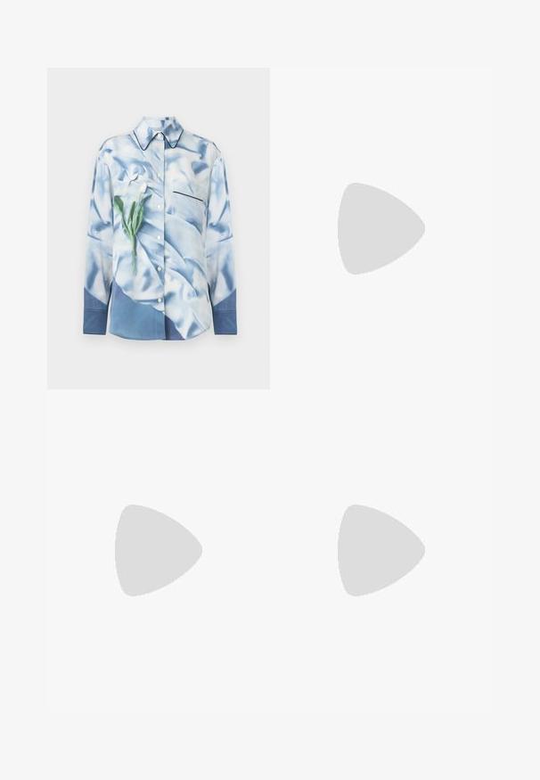 Button-up shirt in light blue satin with a floral print. Features a pocket, pointed collar, and contrasting black trim along the pocket.; Drawstring pants featuring a smooth, satin-like fabric in light blue, with a floral print of green leaves and white flowers.; Black leather ballet flat with a rounded toe, smooth texture, minimal stitching detail, and a flexible sole design.; Brown leather handbag with a flap closure, gold-tone hardware, a shoulder strap, and a smooth texture. Compact rectangular shape.