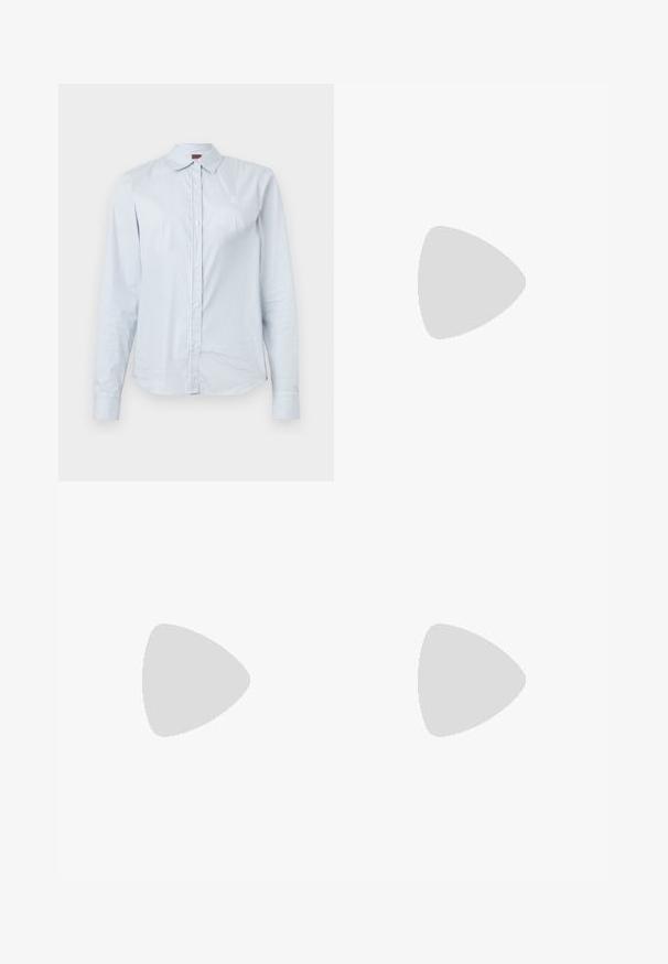 Light blue striped long-sleeve shirt made of cotton, featuring a pointed collar, button closure, and an embroidered logo on the chest.; Black tailored trousers with a straight-leg design, featuring a smooth texture and crisp creases along the front. No visible hardware.; Black leather block-heeled sandal with a wide strap across the toe and an adjustable ankle strap, featuring a sleek, minimalist design.; Black leather handbag with a structured design, featuring a cropped shape, top handle, and gold hardware accent. Adjustable shoulder strap included.