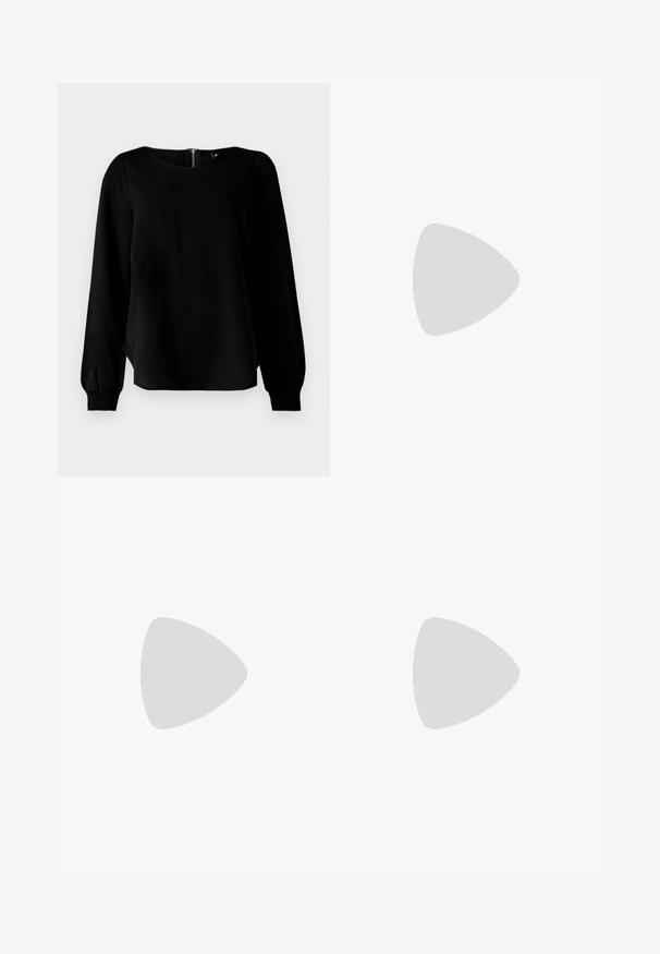 Black long-sleeve top with a round neckline, smocked cuffs, and a back zipper detail, crafted from a smooth fabric with a slight sheen.; Grey trousers with a straight leg design, featuring two side pockets and a button closure. Smooth fabric with no visible patterns or accents.; Black patent leather slingback heels with a pointed toe and a small block heel, featuring a silver buckle accent on the strap.; Black leather handbag with a curved shape, detachable strap, and gold hardware. The bag features a flap with a buckle detail.