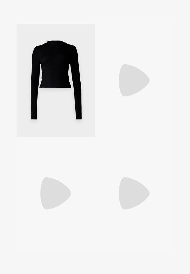Black long-sleeve crop top in ribbed texture, featuring a high neckline and fitted design. Minimalist style with no visible patterns or accents.; Wide-leg denim trousers featuring a light to dark blue gradient, high waist, belt loops, and a matching fabric belt. Textured denim finish.; Black patent leather slingback heels with a pointed toe and a small block heel, featuring a silver buckle accent on the strap.; Black leather handbag with a curved shape, detachable strap, and gold hardware. The bag features a flap with a buckle detail.