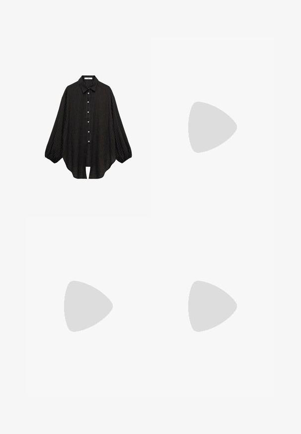 Camicia a righe nere con collo a camicia, chiusura con bottoni e maniche ampie. Caratterizzata da sottili righe verticali e una silhouette morbida.; Top nero a costine con spalline sottili, caratterizzato da un scollo ornato in pizzo e bottoni decorativi sul davanti. Tessuto morbido.; Pantaloni neri a gamba larga in pelle con una leggera lucentezza. Presentano dettagli impunturati e tasche frontali, completati da un bottone e una cerniera.; Even&Odd Ballerine - black