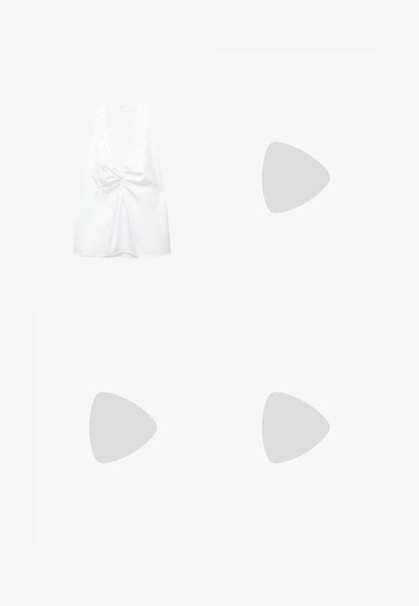 Top bianco senza maniche con scollatura a V profonda e dettaglio annodato al centro, realizzato in tessuto liscio e con una vestibilità comoda.; Jeans bianchi a gamba larga realizzati in denim, con vita a media altezza, dotati di due tasche frontali e chiusura a bottone. Texture liscia, design pulito.; Sneakers crema e lavanda con tre strisce e suola marrone texturizzata, dotati di lacci e tallone imbottito. Parte superiore in tessuto morbido.; Borsa di stoffa bianca a forma triangolare, con dettagli in occhio di pernice e un fiocco legato sulla parte superiore. Texture liscia su tutta la superficie.