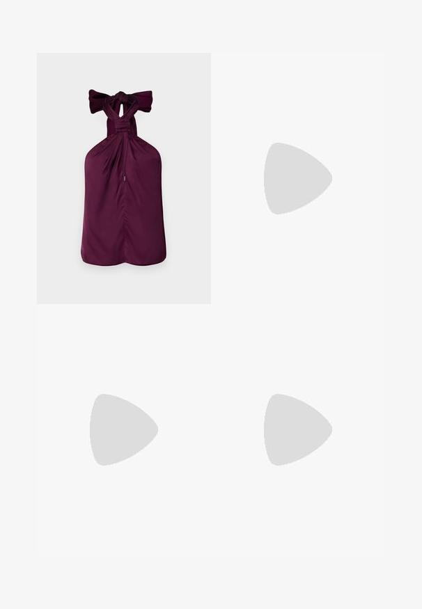 Violetter Neckholder-Top mit einer gebundenen Schleife am Hals, mit gerafftem Stoff und geradem Saum. Glatte Textur mit strukturiertem Design.; Gerade geschnittene, dunkelbraune Wildlederhosen mit vorderer Knopf- und Reißverschluss, Gürtelschlaufen und seitlichen Taschen.; Burgunderfarbene Lackleder-Stiefelette mit spitzem Zehenbereich und schlankem Stilettosc heel, die eine glatte, glänzende Textur und ein minimalistisches Design aufweist.; Geflochtene burgunderfarbene Handtasche mit runder Form und einem einzelnen Griff, die über eine strukturierte Oberfläche und einen elastischen Kordelzugverschluss verfügt.