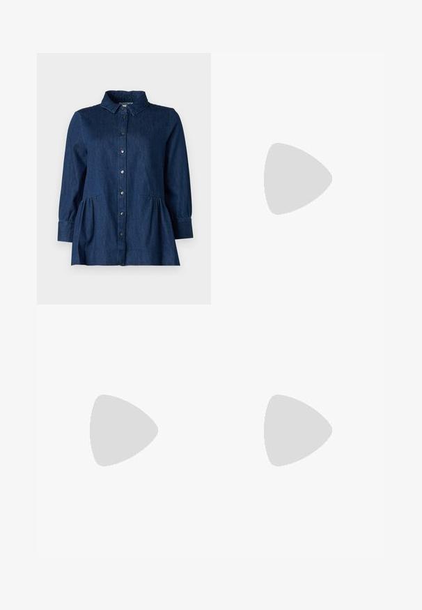 Dark blue denim shirt with a collared neckline, button closure, and gathered waist. Features long sleeves and two side pockets.; Sister Jane HEART TO HEART - Straight leg jeans - blue denim; White high-top canvas sneaker with black rubber sole, front rubber toe cap, and six eyelets for laces, featuring a clean, minimalist design.; Red leather handbag with an angular, geometric design. Features a single adjustable strap and a flap closure with stitched detailing.