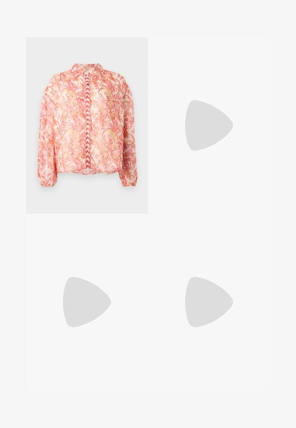 Sheer pink blouse with floral swirls in red and gold, rounded collar, front button closure, elasticized cuffs, and straight hem.; Black, wide-leg pants in a faux leather material. Features a high waist, belt loops, two front pockets, and stitched detailing.; Black leather pointy-toe pump with an ankle strap and a chunky heel. Flat texture, sleek design, and minimalistic aesthetics.; Black leather tote bag with smooth texture, rectangular shape, and two long handles. No visible hardware or embellishments.