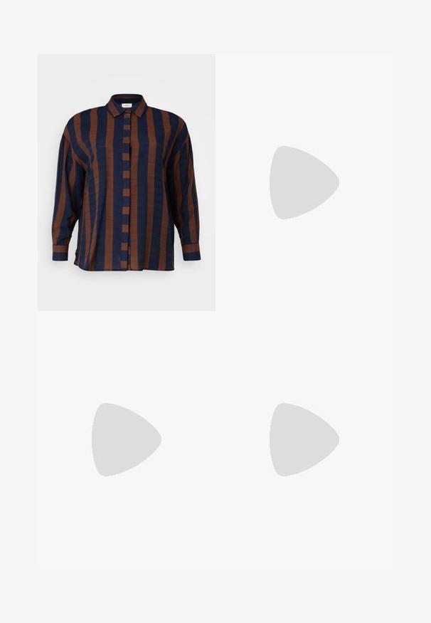 Camisa de manga longa com riscas em azul-marinho e castanho; apresenta um colarinho, fecho frontal com botões e um corte descontraído com tecido texturizado.; Três t-shirts ajustadas em branco, cinza e preto. Cada uma possui um decote amplo e mangas curtas. Feitas de um tecido liso e elástico.; Calças pretas de corte alargado feitas de tecido elástico, com uma cintura alta e uma textura suave. As calças alargam-se a partir do joelho.; Ténis de cano alto em lona preta com solas e atacadores brancos. Apresenta um logo circular na lateral e costura branca em contraste.