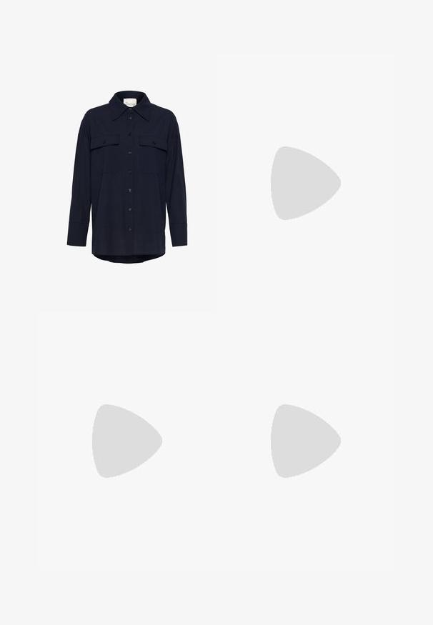 My Essential Wardrobe ZENIAMW SKYE BOXY - Button-down blouse - sky captain blue; Stradivarius WITH POCKETS - Straight leg jeans - dark blue; Bershka FLAT WITH BUCKLES  - Mules - black; Bershka Handbag - light brown