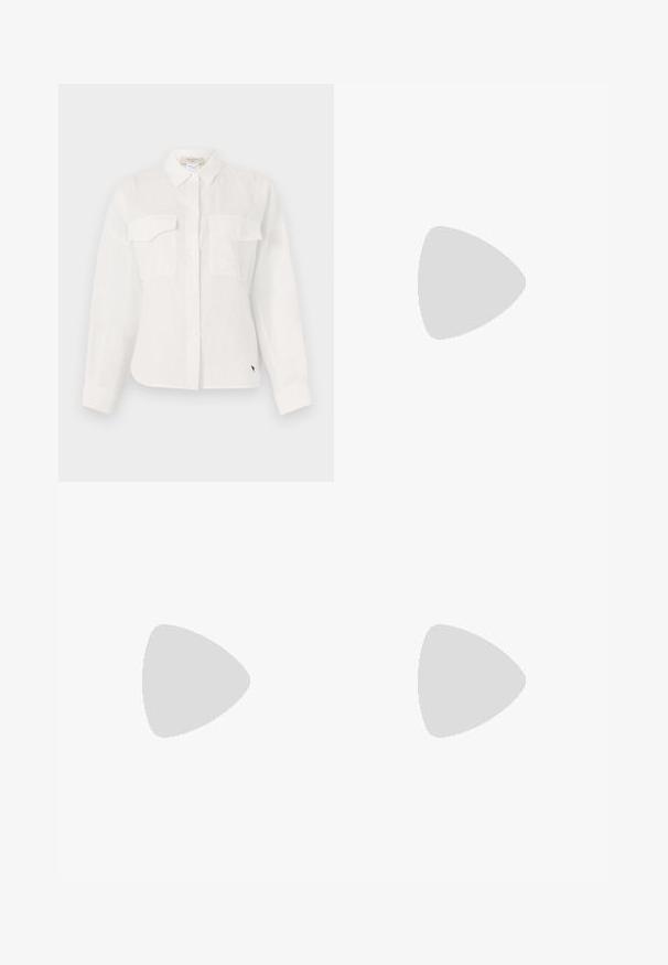 White button-up shirt made of lightweight fabric, featuring two chest pockets, a pointed collar, and a curved hem. Subtle texture detail.; Navy trousers made of woven fabric, featuring a flat front, belt loops, and a tailored fit. No visible patterns or accents.; Black leather sandals with gold buckle accents, featuring multiple straps and a flat sole design for open-toe wear.; Black leather crossbody bag with two front pockets, gold buckles, zipper closure, and a slim strap. Textured surface and compact rectangular shape.
