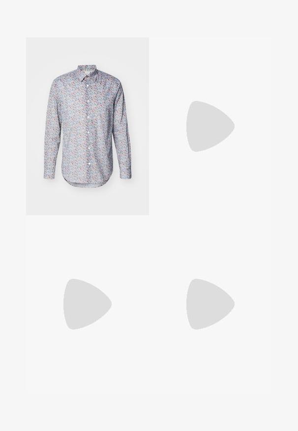 Paul Smith SLIM FIT SHIRT - Overhemd - multi-coloured; Beige linnen broek met een recht pijpdesign, voorzakken en een enkele knoopsluiting bij de taille. Gestructureerde stof.; Donkerbruine suède sneakers met crèmekleurige veters, witte accenten en een tan rubberen zool. Draagt met zwarte broek met streepjes.; Zwarte ronde zonnebril met donkere lenzen en slanke metalen armen. Inclusief heldere tempelpunten en zilveren accenten bij de scharnier. Minimalistisch ontwerp.