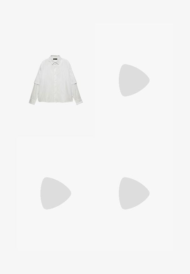 Camicia bianca con bottoni e righe verticali grigie. Presenta un colletto classico, una vestibilità comoda e maniche lunghe con dettagli sui polsini.; T-shirt bianco a maniche corte in cotone, con scollatura rotonda e vestibilità rilassata con orlo dritto. Nessun motivo o decorazione.; Pantaloni larghi in denim blu scuro con vita alta, chiusura a cinque bottoni e cinque tasche. Presentano accenti di cucitura sulle cuciture.; Mocassini in pelle nera con finitura liscia, dotati di una cintura decorativa e cuciture a contrasto, abbinati a pantaloni beige.; Papillon nero realizzato in tessuto liscio, caratterizzato da una larghezza stretta e una clip argentata che esalta il suo design.