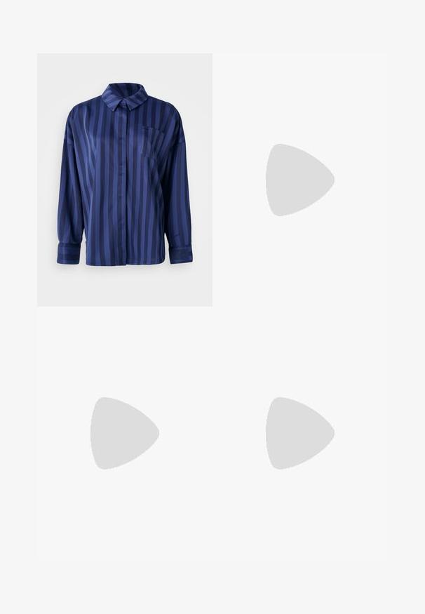 Navy blue striped shirt with a collar, chest pocket, and long sleeves. Made from a smooth, shiny fabric with a loose fit.; White cropped t-shirt made of cotton, featuring short sleeves and a round neckline, with a black Nike logo on the chest.; Black trousers made from a smooth fabric, featuring a tailored waistband, pleated front, and tapered leg with cuffed hems.; Brown wide-leg pants with smooth texture and side seam detailing, paired with grey and white retro-style sneakers featuring a gum sole.