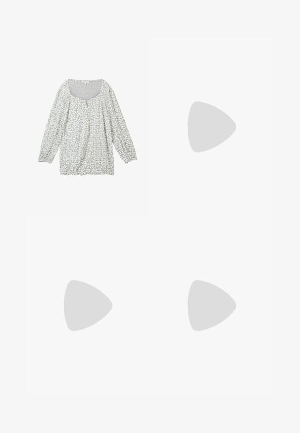Hellgraue Bluse mit strukturiertem Muster, runder Ausschnitt, Knöpfe an der Vorderseite und langen, puffigen Ärmeln mit elastischen Bündchen.; TOM TAILOR LEA WIDE  - Stoffhose - sky captain blue; Schwarze Lackleder-Mary-Jane-Schuhe mit spitzem Zehenbereich, zwei verstellbaren Riemen mit runden Beschlägen und einem niedrigen Blockabsatz.; Tote Bag in Marineblau aus glattem Nylon, mit zwei strukturierten Griffen und einem schwarzen rechteckigen Logo-Patch auf der Vorderseite.