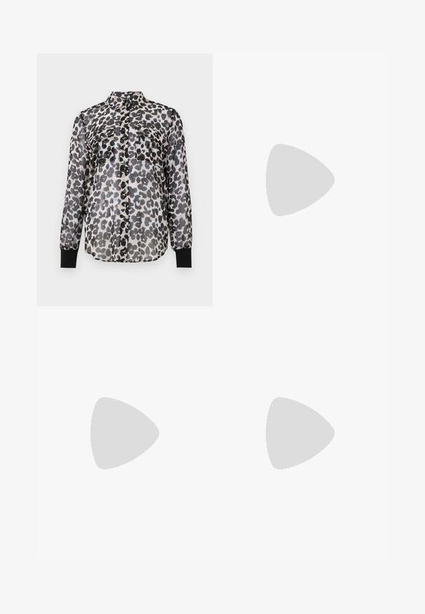 Cămașă transparentă cu nasturi, având un model de leopard în nuanțe de negru și gri. Dispune de două buzunare frontal și manșete negre la mâneci.; Pantaloni bej cu croi larg, dintr-un amestec de bumbac. Au o textură netedă, talie elastică și un detaliu cu buton lateral.; Sandale slingback din piele neagră cu vârf ascuțit, având un toc subțire și un accent de culoare aurie pe curea ajustabilă. Textură netedă.; Geantă de umăr din piele neagră, cu un design structurat, având o formă tăiată, mânere superioare și accente din aur. Include o curea de umăr ajustabilă.