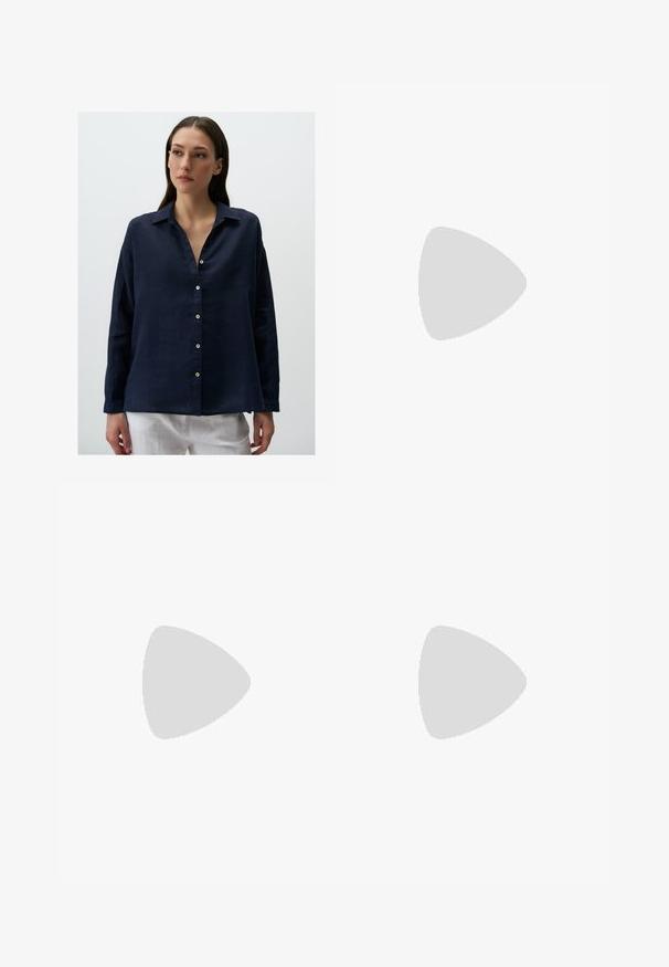 Navy blue linen button-up shirt with a collar, long sleeves, and a relaxed fit. Features a front placket with white buttons and a soft texture.; White tennis skirt made of stretchy fabric, featuring a smooth waistband and subtle pleats, with a small logo tag in the upper left.; Brown and burgundy sneaker with suede and mesh materials, featuring three cream stripes, textured fabric on the tongue, and a rubber sole.; Sunglasses with a translucent yellow frame and green-tinted lenses. Angular design with wide temples, worn with a white shirt featuring green accents.; Yellow leather hobo bag with a curved handle, soft texture, and subtle seam detailing on the front, offering a spacious design.