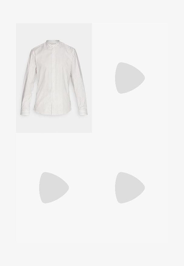 Camisa de manga comprida em padrão listrado vertical nas cores bege claro e branco. Apresenta um colarinho de pé e fecho de botão com punhos a condizer.; Duas blusas sem mangas: uma branca e uma cinza claro. Ambas têm um design suave e ajustado com um decote redondo. A etiqueta diz "YOURTURN."; Calças pretas de corte reto, com uma textura suave e sem padrões ou adereços visíveis. Design clássico com uma silhueta limpa.; Mocassins de couro preto com um acabamento liso, apresentando um detalhe de tira na parte frontal e uma sola de borracha robusta com acabamentos estriados.; Relógio de quartzo metálico com mostrador preto, números brancos e display de data. Apresenta uma pulseira de aço inoxidável e resistência à água de 100m.