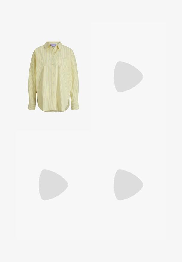Camicetta a righe gialle con colletto a bottoni, tasca sul lato sinistro del petto e maniche lunghe con una vestibilità rilassata. Materiale in cotone stretch.; Camicia bianca oversize con bottoni abbinata a una gonna maxi in pizzo trasparente con motivi floreali e una silhouette ampia e fluida.; Ballet flat nera in tessuto opaco con punta affusolata, un fiocco decorativo e una singola cintura regolabile con fibbia in argento.; Occhiali da sole aviator in oro rosa con lenti marroni sfumate, montatura in metallo e gommini trasparenti; linee eleganti e stanghette sottili.; Bracciali in metallo dorato con una finitura martellata, caratterizzati da un design aperto e bordi lisci. Due dimensioni presentate: una più larga e una più sottile.