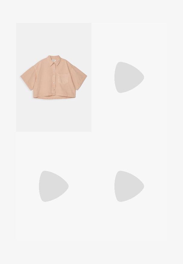 Cropped short-sleeve shirt in light peach denim, featuring a button-down front and chest pocket with tonal stitching. Soft texture.; Black wide-leg trousers made of lightweight fabric. Features a high waist, smooth texture, and clean lines without pockets or embellishments.; Black leather ballet flat with a rounded toe, smooth texture, minimal stitching detail, and a flexible sole design.; Green woven tote bag with palm tree designs in darker green; features two handles and a detachable brown leather strap.