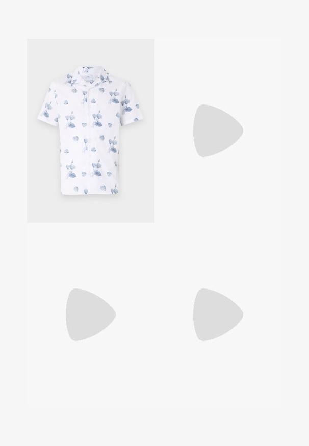 Short-sleeve shirt in white fabric with a blue floral pattern, featuring a collared neckline and button closure. Lightweight and breathable texture.; Black denim jeans with a straight fit. Features faded areas, minor distressing, classic five-pocket design, and a button closure.; White leather sneaker with a smooth finish, round toe, flat laces, and a textured sole. Features a subtle logo on the heel.; Black round sunglasses with dark lenses and slim metal arms. Includes clear temple tips and silver accents at the hinge. Minimalist design.