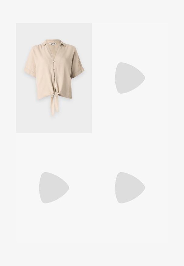 Bežs īsās piedurknes krekls ar vertikālu apkakli, pogu aizdari un saistītu mezglu frontē. Izgatavots no viegla auduma.; Brūni platajā kāju bikses ar gludu, elastīgu audumu. Iezīmē augstu jostu un sānu kabatas, paredzētas brīvai piegriezumam.; Melna ādas augstpapēžu kurpe ar norakstīto purngala formu, potītes siksniņu un masīlu papēdi. Gluda tekstūra, elegants dizains un minimālisma estētika.; Melnas ādas somiņa ar gludu tekstūru, taisnstūra formu un divām garām rokturiem. Nav redzamu aparatūras vai rotājumu.