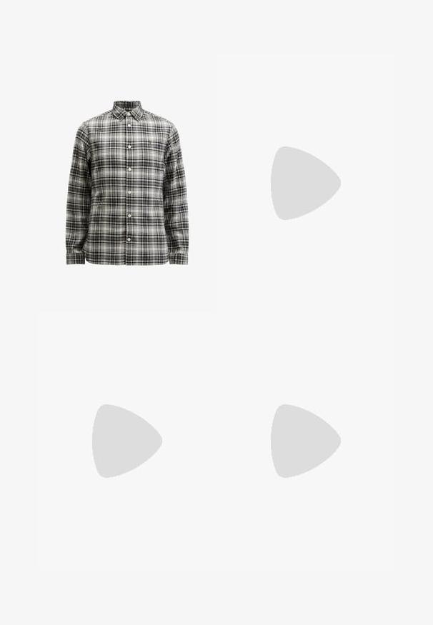 Camicia a maniche lunghe a quadri nei colori grigio, nero e bianco. Presenta chiusura con bottoni, un colletto classico e una texture morbida.; T-shirt in cotone nero con maniche corte e scollo rotondo. Presenta una scritta bianca "ALLSAINTS" e "LONDRA" sulla parte sinistra del petto.; Jeans in denim azzurro chiaro con una vestibilità ampia e gionfiante. Presentano cinque tasche, chiusura con bottone e dettagli cuciti. Texture sbiadita e gambe dritte.; Sneaker in pelle nera e suede grigio con strisce bianche, suola in gomma, chiusura con lacci nella parte anteriore e strappa in velcro. Presenta il marchio "Samba" in oro.; Occhiali da sole rettangolari neri con finitura lucida, lenti scure e dettagli dorati sulla tempia che presentano il logo.