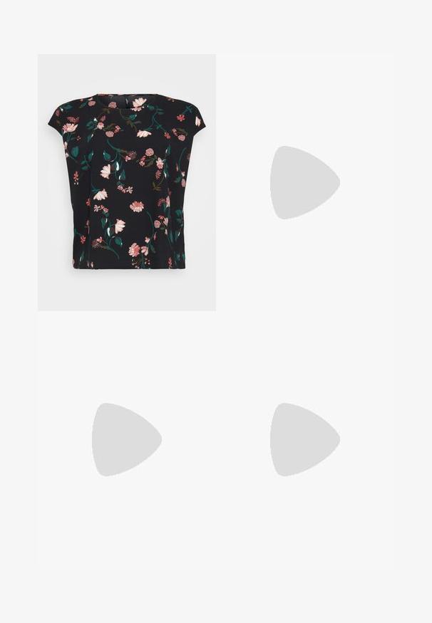 Black floral blouse with short sleeves, featuring pink and green flower patterns. Smooth fabric with a relaxed fit and rounded neckline.; Denim jeans in light to medium blue gradient. Features a straight-leg cut, five pockets, and stitched detailing along the seams.; Silver athletic sneakers featuring a mesh upper, lightweight design, padded collar, and textured sole with "ABZORB" branding.; Even&Odd HALF MOON - Handbag - black