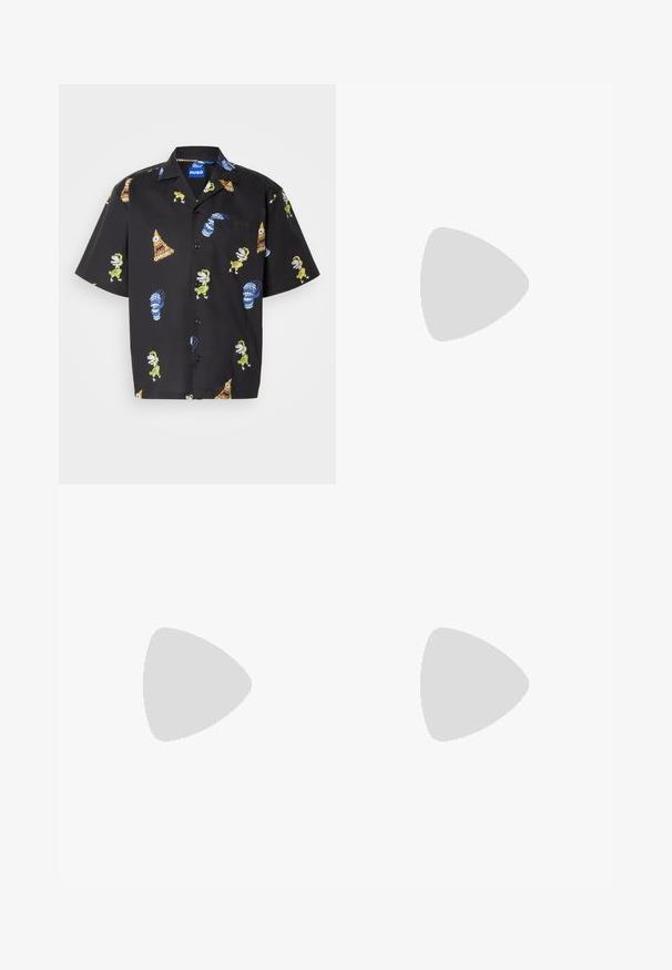Camisa de manga corta negra con patrones coloridos de personajes de dibujos animados y objetos. Fabricada con un tejido ligero, los diseños incluyen acentos en verde y azul.; Pantalones de chándal negros de tejido suave. Cuentan con una cintura elástica con cordón, piernas ajustadas y sin bolsillos visibles. Diseño sencillo.; Mocasines de cuero negro con punta redondeada y detalles de costura sutiles. Textura suave y tacón bajo con marca en la parte trasera.; HUGO Gafas de sol - black