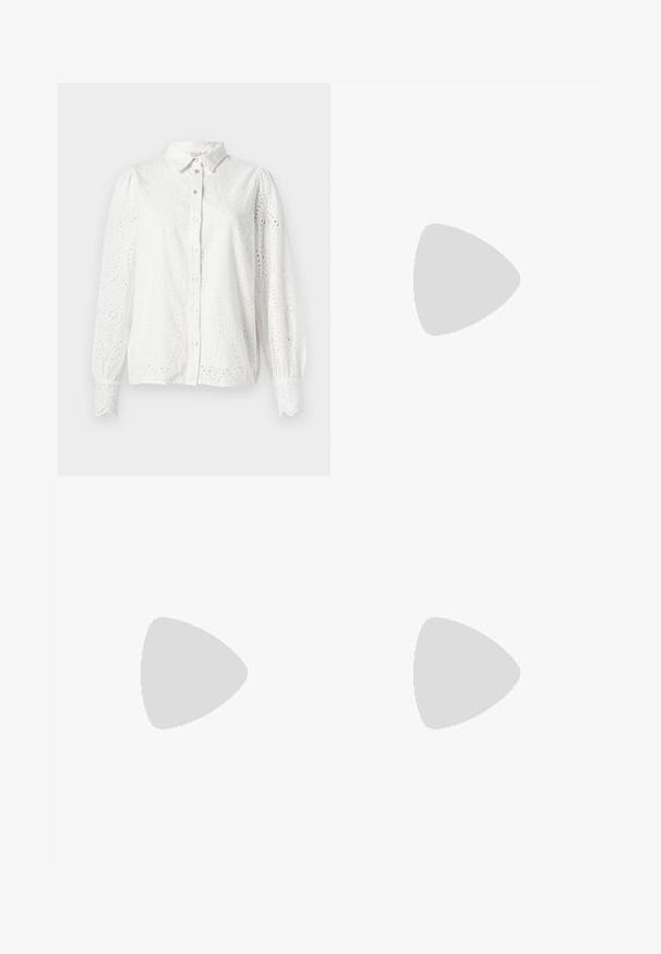 White cotton shirt with long sleeves, button front, and eyelet detailing featuring a paisley pattern. Rounded collar and gathered cuffs.; Navy athletic pants with an elastic waistband, straight legs, and side zippers. Features white piping along the sides. Smooth fabric texture.; Black patent leather Mary Jane shoe with a pointed toe, adjustable strap, and a block heel, featuring a glossy finish and minimalistic design.; Black rectangular sunglasses with green lenses, matte finish, subtle hardware accents, and embossed logo on the temple.