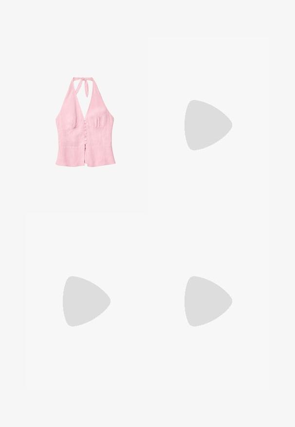 Rosa Leinen-Haltertop mit V-Ausschnitt, das eine Knopfverschlussleiste vorne und eine Schleife am Hals hat. Einfaches Design und strukturierter Stoff.; Weiße, weit geschnittene Hose aus weichem Stoff. Mit einem elastischen Bund und einem Kordelzug sowie einer glatten Oberfläche. Keine sichtbaren Muster oder Hardware.; Helle Creme Flip-Flops mit flacher Sohle, dicken strukturierten Riemen und glatter Oberfläche. Weiches Material, minimalistisches Design und keine auffällige Markenkennzeichnung.; Schwarze Kunststoffbrille mit ovaler Form, ausgestattet mit klaren Gläsern und einem lila Akzent auf dem linken Glas. Elegantes, minimalistisches Design.