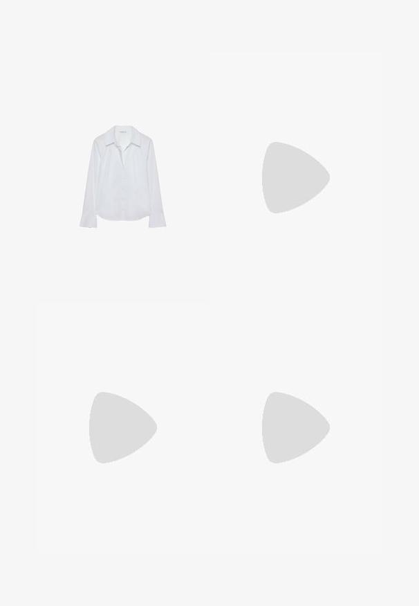 Camicia bianca a maniche lunghe con colletto, chiusura con bottoni, due tasche sul petto, orlo dritto e maniche leggermente svasate, realizzata in tessuto morbido.; Pantaloni in denim neri larghi con una texture sbiadita, cinque tasche e un anello sulla vita. Il design presenta una vestibilità ampia e gambe dritte.; Sandali con tacco in vernice nera, con punta squadrata, cinturini alla caviglia e fibbie in argento. Presentano un tacco a blocco spesso per maggiore stabilità.; Borsa tote in pelle nera con texture liscia, forma rettangolare e due manici lunghi. Nessun hardware o decorazione visibile.