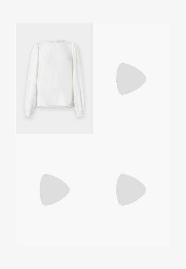 White long-sleeve blouse made from lightweight fabric, featuring a rounded neckline, gathered puff sleeves, and elastic cuffs.; Leopard print trousers feature a black and beige pattern, elastic waistband, and straight leg design. Made from soft, lightweight fabric.; Black suede heeled sandals with a thin ankle strap, open toe design, and a modest block heel. Smooth texture and minimal accents.; Even&Odd Handbag - brown