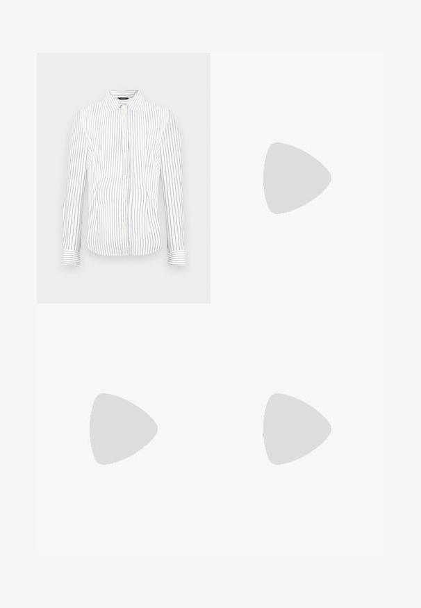 White long-sleeve button-up shirt with thin vertical black stripes and a pointed collar.; Dark gray pleated skirt with an elastic waistband, featuring a textured fabric and a classic A-line silhouette. Suitable for casual wear.; Black patent leather Mary Jane shoe with a pointed toe, adjustable strap, and a block heel, featuring a glossy finish and minimalistic design.; Black faux leather handbag with a crocodile texture, cinched top, and a scrunched strap. Appears soft and compact in design.