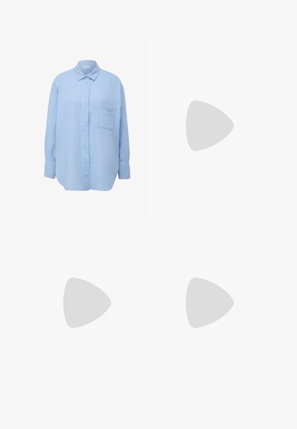 s.Oliver Button-down blouse - himmelblau; White short-sleeve t-shirt made of cotton. Features a crew neckline and a relaxed fit. Smooth texture with no visible patterns or accents.; Light gray wide-leg trousers with a smooth, textured fabric, featuring a front button closure and belt loops at the waist.; Cream and lavender sneakers with three stripes and a textured brown sole, featuring laces and a padded heel. Soft fabric upper.