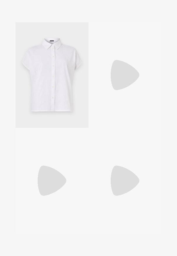Camicia bianca a maniche corte con colletto button-down, caratterizzata da motivi floreali ricamati, una linea dritta e bottoni simili a perle.; Pantaloni color crema con vestibilità sartoriale, dotati di gamba dritta, tessuto liscio, pince frontali e orlo pulito. Design minimalista.; Sneaker bianco realizzato in materiale sintetico liscio, con punta arrotondata, design con lacci, suola piatta e delicati dettagli perforati.; Borsa a spalla in suede marrone con una texture morbida, caratterizzata da una singola tracolla e un'apertura superiore leggermente curvata. Nessun dettaglio hardware visibile.