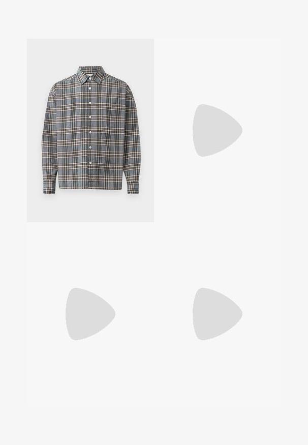 Long-sleeve button-up shirt with blue, brown, and beige plaid pattern and a chest pocket on a light background.; White cotton t-shirt with a v-neck and short sleeves. Features a small colorful embroidered logo on the left chest. Soft texture.; Beige wide-leg pants with a smooth texture, featuring belt loops, two front pockets, and a zip fly closure. Minimalist design.; Beige and white sneaker featuring a textured upper, suede accents, thick sole, and lace closure. Worn with blue denim pants.