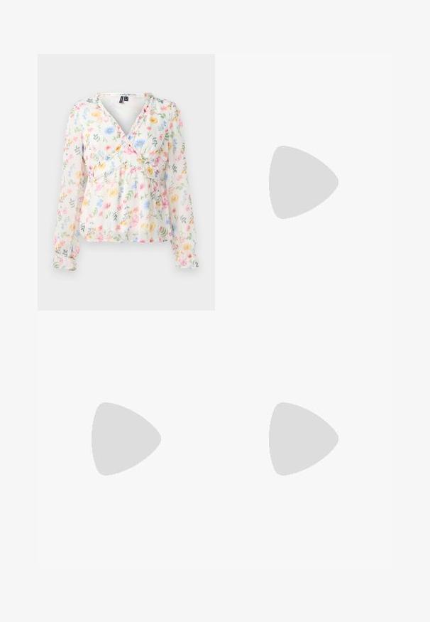 Bluză cu print floral, cu mâneci lungi, dintr-un material ușor și transparent, cu decolteu în v formă, talie smockată și modele colorate de flori în nuanțe de roz, albastru și galben.; Jeans din denim de un albastru deschis, cu o siluetă cu picioare largi, tiv destrămat și design tradițional cu cinci buzunare. Închidere clasică cu nasture și fermoar.; Pantofi slingback cu vârful ascuțit, din piele lacuită bej, cu toc subțire și curea ajustabilă pentru o fixare sigură.; Cercei rotunzi din argint cu o finisare netedă și lustruită. Formă rotundă cu un design ușor curbat și margini armonizate. Închidere cu pini.