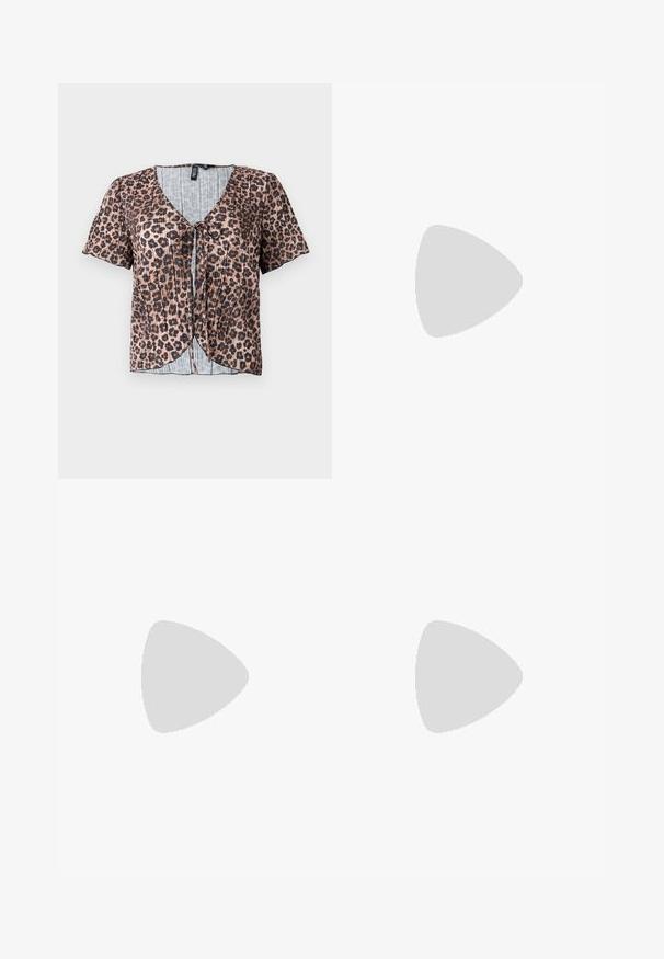 Short-sleeve, pleated top in leopard print with a v-neck and tie front. Features a light blue, checked inner layer.; Blue denim jeans with a straight leg design, featuring slight fading, a classic five-pocket layout, and visible stitching details.; Black patent leather slingback heels with a pointed toe and a geometric block heel. Features a sleek, minimal design and smooth texture.; Black leather handbag with a curved shape, detachable strap, and gold hardware. The bag features a flap with a buckle detail.