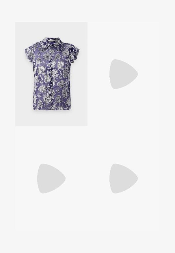 Purple short-sleeve blouse with a floral pattern in black and white, featuring a button-front closure and a collar. Silky texture.; Wide-leg trousers in dark navy fabric, featuring a floral print in pink and yellow on one side, with a button closure at the waist.; Paul Smith TOPANGA - Ballet pumps - black; Red patent leather clutch bag with a curved design, fold-over flap, and a metal logo accent on a silver plaque. Smooth, shiny texture.