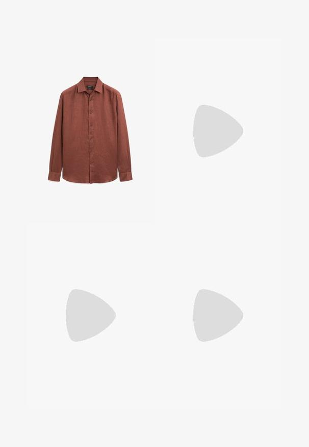 Long-sleeve shirt in rust-colored linen, featuring a button-down front, a classic collar, and plain cuffs. Smooth texture with a slight sheen.; Dark brown, woven fabric pants featuring a straight-leg design, front pockets, and a button closure at the waist. Smooth texture.; Brown leather loafer with a rounded toe, stitched detailing, a prominent band across the instep, and a thick black rubber sole.; Brown rectangular sunglasses with tinted lenses, plastic frame, and metal accents on the sides. Features a sleek design and smooth texture.