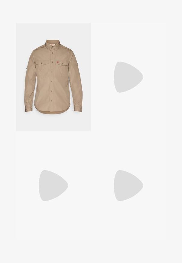 Fjällräven SINGI TREKKING SHIRT LS M - Shirt - brown; White cotton t-shirt with short sleeves, rounded neckline, relaxed fit, and no visible logos or patterns. Smooth texture and minimal design.; Desigual Trousers - beige; adidas Originals HANDBALL SPEZIAL UNISEX - Trainers - focus olive/ivory/gum