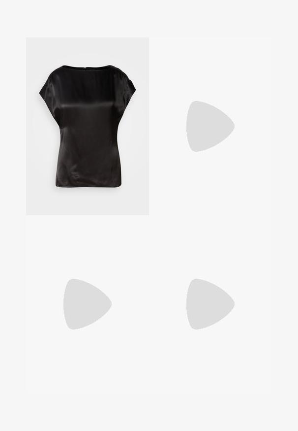 Top in satin nero con scollo a barca, maniche a capri e una leggera lucentezza. Presenta una zip nascosta sul retro per la chiusura. Texture liscia.; Pantaloni neri su misura con un design a gamba dritta, caratterizzati da una texture liscia e pieghe ben definite sul davanti. Senza hardware visibile.; Scarpa slingback nera con punta affilata e tacco basso, realizzata in pelle liscia e con un design a taglio laterale per favorire la traspirabilità.; Borsa a tracolla in pelle nera con una texture morbida, forma triangolare e tracolla regolabile, abbinata a una camicia a righe blu chiaro e pantaloni bianchi.