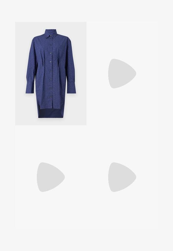 Navy blue long shirt dress, button-down front, white dotted pattern, collared neck, long sleeves, side slits at hem, cotton material.; Dark blue flared jeans featuring a high-rise waist, two front pockets, and two button closures. Made from denim with a smooth texture.; Black ankle boot made of glossy material with a square toe and tapered heel, set against a shiny silver tufted background.; Red suede shoulder bag with a curved shape. Features a silver-tone accent and adjustable strap with hardware detailing. Smooth texture.