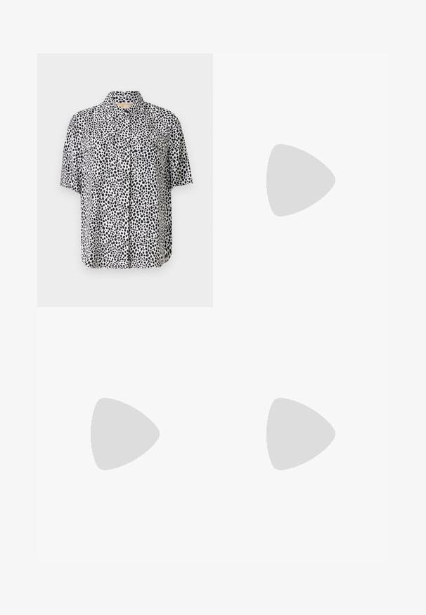 Short-sleeve shirt in lightweight fabric, featuring a pattern of black dots on a white background, with two front pockets and a collared neckline.; Black halter dress with a draped design. Made of shiny material, featuring a twisted neckline and asymmetrical hem. Smooth texture.; Black patent slingback heel with a pointed toe, featuring textured snake print, adjustable strap, and a short, textured block heel.; Black leather crossbody bag with two front pockets, gold buckles, zipper closure, and a slim strap. Textured surface and compact rectangular shape.; Gold-tone metal hoop earrings with a curved, elongated shape. Features a smooth, shiny surface and a rounded tip for added detail.