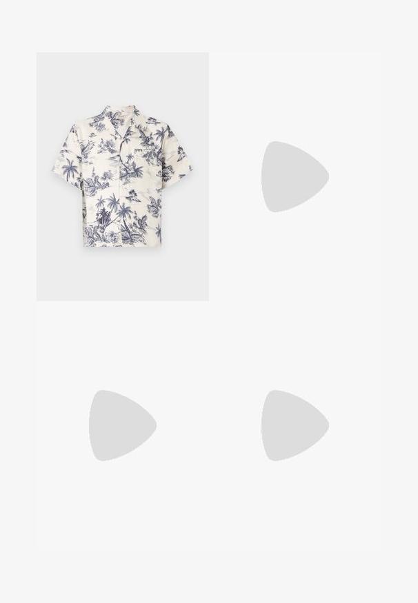 Rövid ujjú ing krémszínű anyagból, kék trópusi pálmalevél mintával, standard gallérral és gombos elülső záródással.; Filippa K TERRY CROPPED TROUSERS - Nadrágok - sage melange; Fehér bőr sportcipő sima felülettel, kerek orral, lapos fűzőkkel és texturált talppal. Finom logó található a sarokon.; Fekete kerek napszemüveg sötét lencsékkel és karcsú fém szárakkal. Átlátszó szárvégeket és ezüst részleteket tartalmaz az ívnél. Minimalista dizájn.