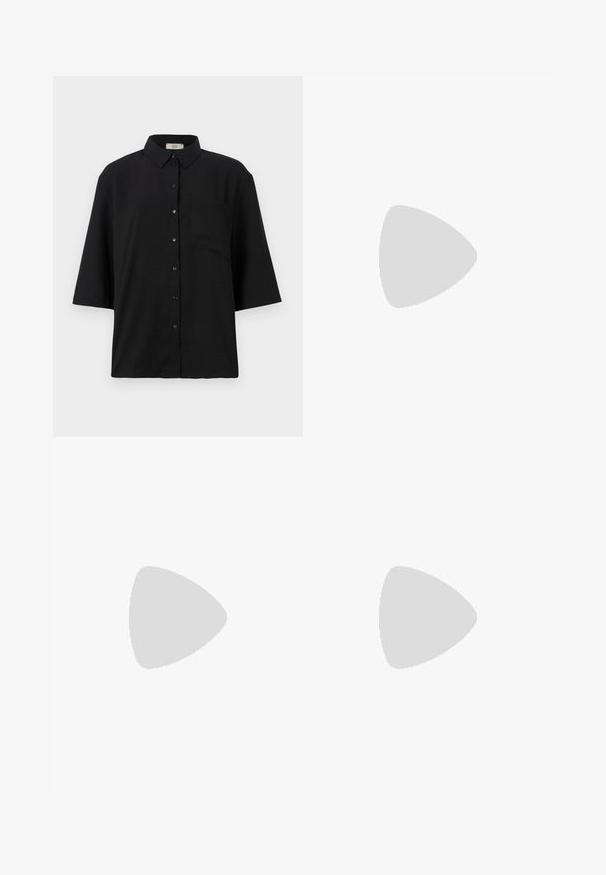 Black short-sleeve button-up shirt made of lightweight fabric. Features a classic collar and a single chest pocket. Smooth texture.; Wide-leg denim trousers featuring a light to dark blue gradient, high waist, belt loops, and a matching fabric belt. Textured denim finish.; Black leather pointy-toe pump with an ankle strap and a chunky heel. Flat texture, sleek design, and minimalistic aesthetics.; Black leather tote bag with smooth texture, rectangular shape, and two long handles. No visible hardware or embellishments.