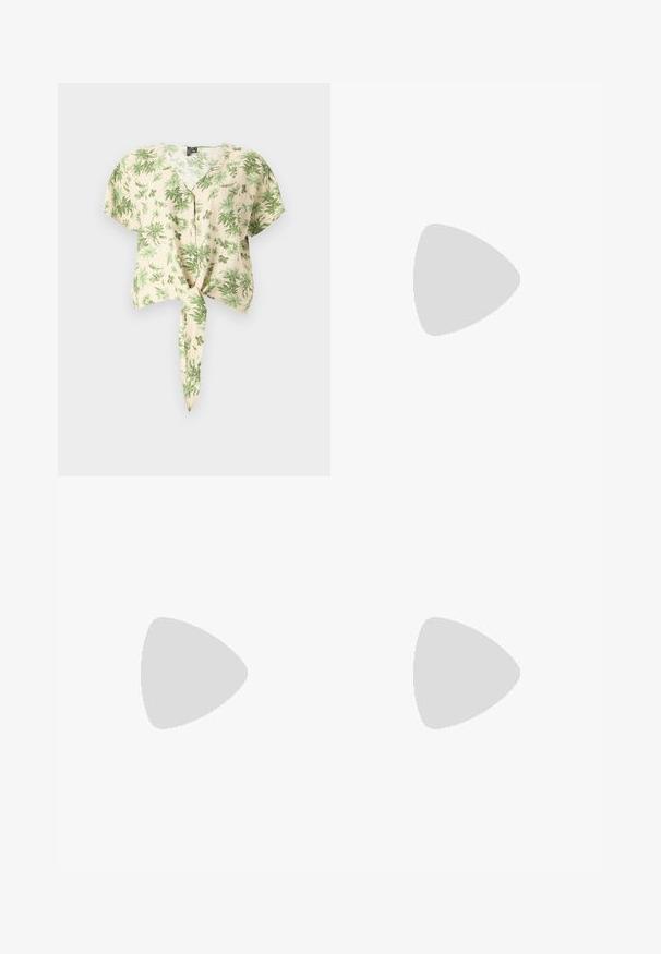 Short-sleeve, beige shirt with green leaf patterns, featuring a button-up front and a tied hem detail. Made of lightweight fabric.; Denim shorts in light blue with a faded finish. Features a button closure, five pockets, and straight leg design.; Samba sneakers with a cream and beige color scheme, featuring three light blue stripes, white laces, and brown rubber soles.; Beige handbag made of soft material, featuring a slouchy design, stitched detailing, and two shoulder straps. Suitable for everyday use.
