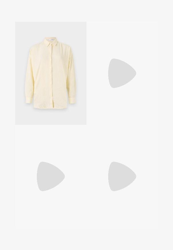 Gul og hvit stripete skjorte med krage, lange ermer og avslappet passform. Har knappelukking foran og rett kant.; Hvit cami-top laget av glatt stoff, med tynne spagettistropper og et enkelt, uforstyrret design.; Lyseblå denimjeans med rett bendesign, høy midje, fem lommer og detaljer med kobbernagler. Myk, teksturert stoff.; Brune tresko med en jevn, matte overflate. Har en fremtredende bronsebelte på siden. Korkfotseng og gummisåle for komfort.; Le Specs NYMPH UNISEX - Solbriller - gold-coloured