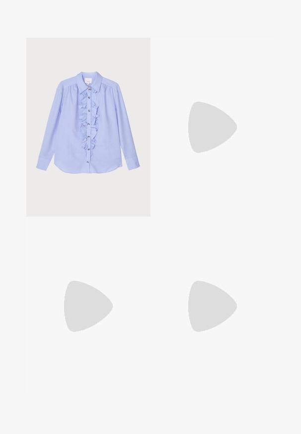 Cinq à Sept KADI  - Button-down blouse - rain cloud; White cotton t-shirt with a crew neckline and short sleeves, featuring a relaxed fit and minimalistic design. Tag visible at the neck.; MM6 Maison Margiela PANTS - Trousers - grey melange; Black leather ballet flat with a rounded toe, smooth texture, minimal stitching detail, and a flexible sole design.