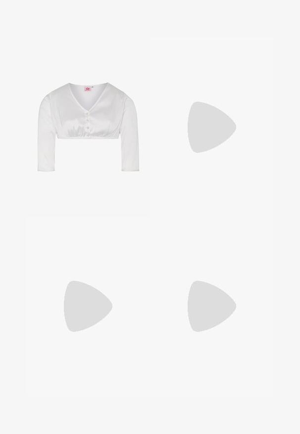 Weißes, verkürztes Top mit V-Ausschnitt, langen Ärmeln und sechs dekorativen Knöpfen an der Vorderseite. Glatter Satin-Textur mit körpernaher Passform.; Bershka WIDE-LEG - Wide Leg - black; Bershka High Heel Sandalette - black; Schwarze Lackleder-Handtasche mit geschwungenem Design, einem Schulterriemen, Vordertaschen und silberfarbenen Hardware-Akzenten.