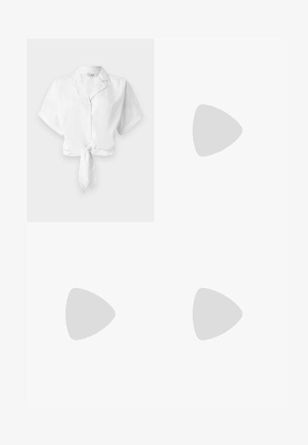 White cropped shirt with short sleeves and a collar, featuring a knot at the front and button closure down the center. Smooth fabric texture.; Wide-leg trousers in dark navy fabric with a ribbed texture. Features a smooth waistband and a flowy silhouette, reaching mid-calf length.; Platform sneakers with a white sole, beige accents, and a mix of fabric textures, paired with loose-fitting light blue denim jeans.; White synthetic handbag with a triangular shape, flat front flap and bow detail, adjustable strap, smooth texture, and minimalistic design.